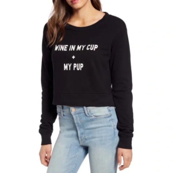 Wildfox Tops - NWT Wildfox Wine In My Cup + My Pup Zoey Sweatshirt Cropped Black Medium
